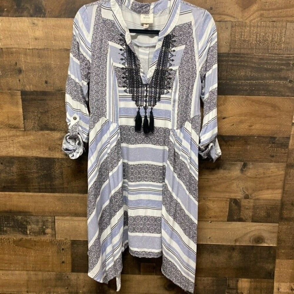 KNOX ROSE ASYMMETRIC BOHO PEASANT DRESS WOMENS SZ M blue white